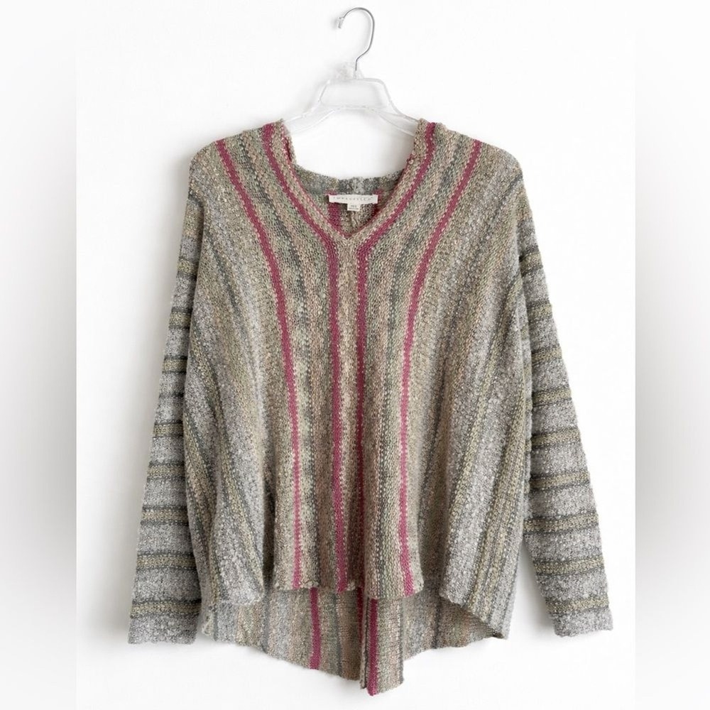 Lovestitch Striped Knit Hoodie Sweater Grey Magenta Boho V-Neck IMP-5664 ML‎ - Picture 2 of 5